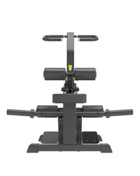 Pro series plate loaded vertical hip thrust gym machine with black metal and rubber frame and yellow adjustment knob