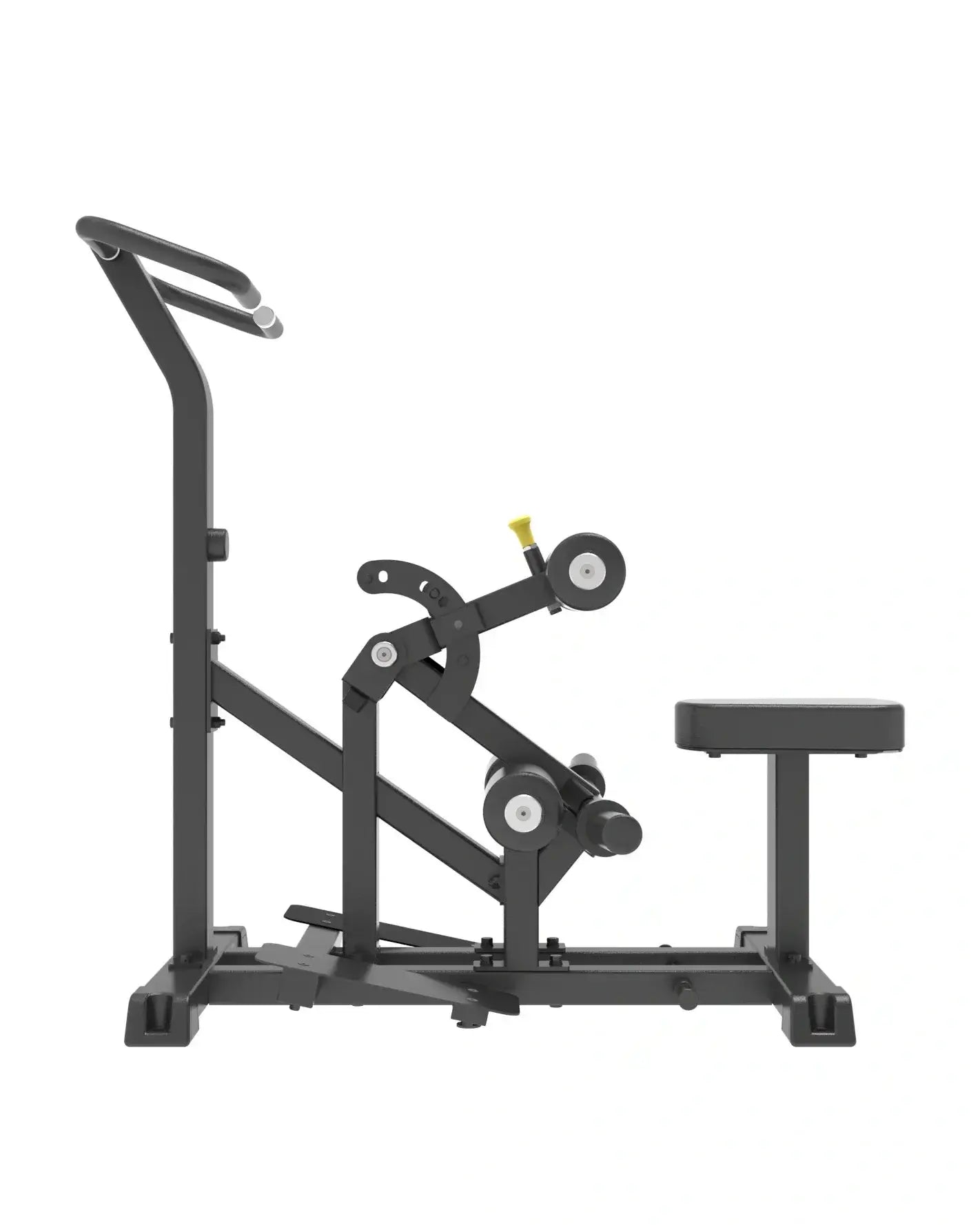Black metal stationary exercise bike with yellow handlebar grip and adjustable seat from pro series plate loaded vertical hip thrust