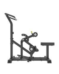 Black metal stationary exercise bike with yellow handlebar grip and adjustable seat from pro series plate loaded vertical hip thrust