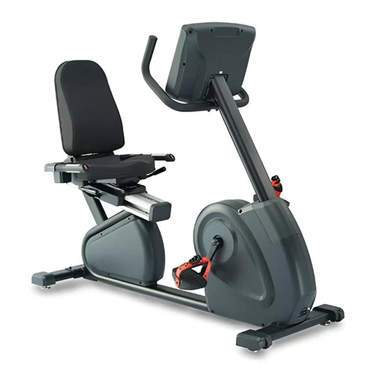 Grey R97e Recumbent Bike by Gym Gear, a compact cardio machine with adjustable seat and handlebars for low-impact workouts.