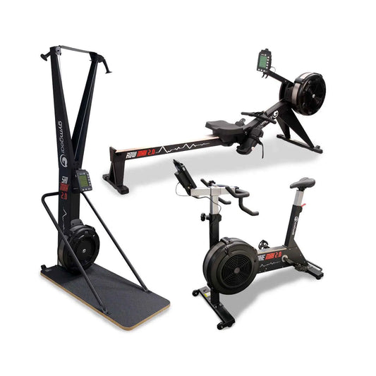 Gym Gear HIIT cardio workout with ski, row, and bike machines in the Max 2.0 package deal, showcasing versatile fitness equipment