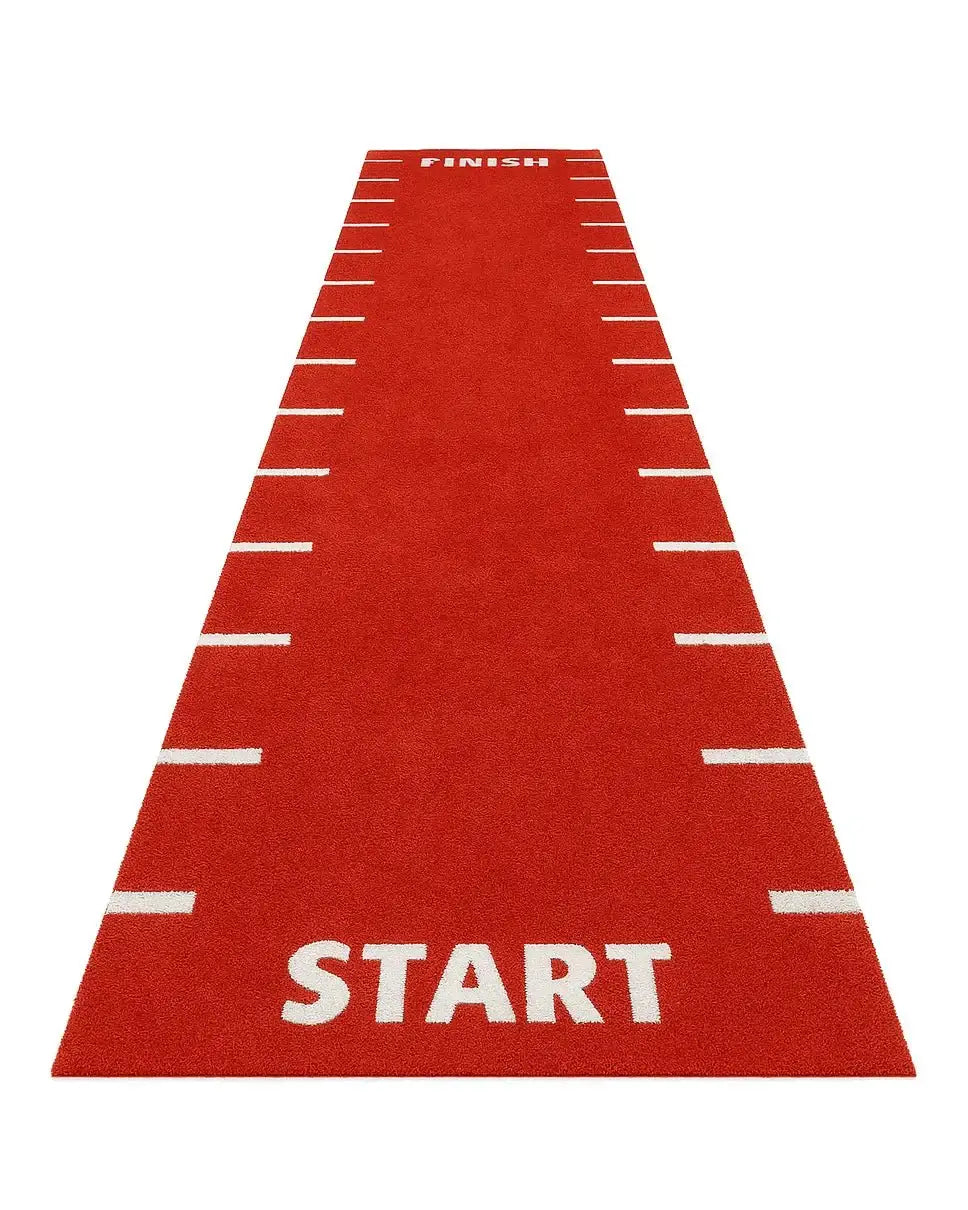 Red sprint track with start, finish, and 0.5 meter line markings by Gym Gear, showing detailed line markings on the surface.