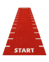 Red sprint track with start, finish, and 0.5 meter line markings by Gym Gear, showing detailed line markings on the surface.