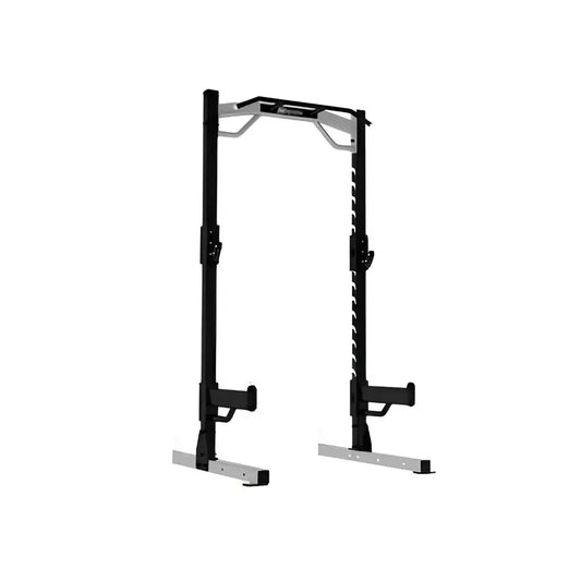 Gym Gear Sterling Series Elite Half Power Rack with weight storage and sturdy steel construction for strength training.