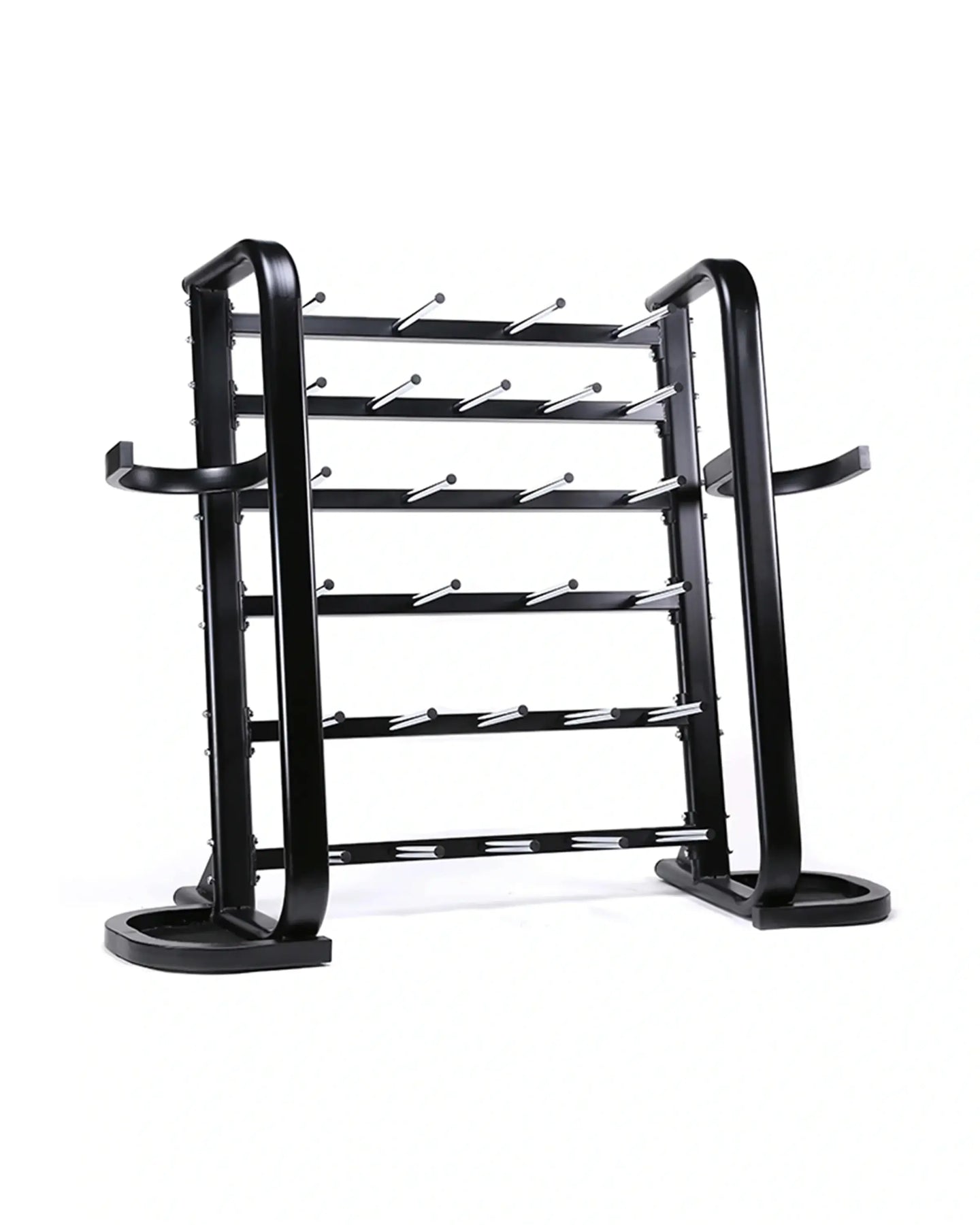 Gym Gear studio barbell rack holding up to 30 sets, sturdy metal construction for organized weight storage in a gym or fitness studio.