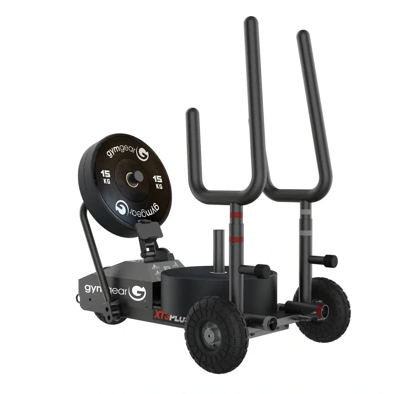 Gym Gear XT3 Plus Sled V2 for strength training, showing the sturdy metal frame and adjustable handles in a gym setting.
