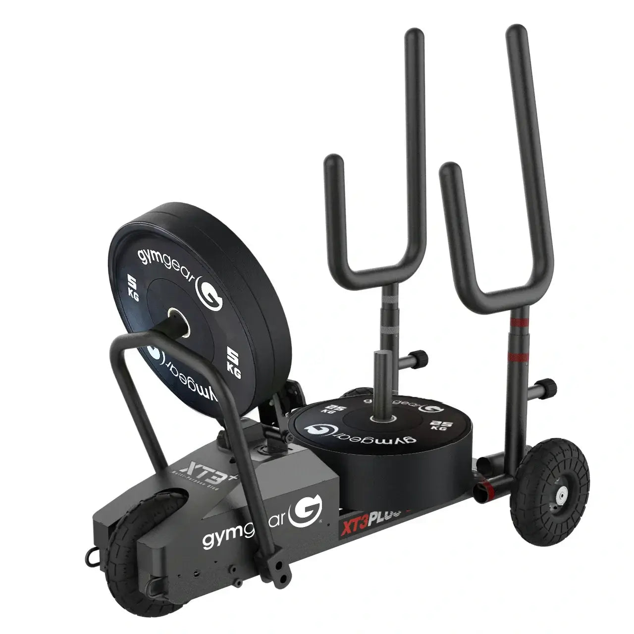 Gym Gear XT3 Plus Sled V2 for strength training, showing the sturdy metal frame and padded handles on a gym floor.